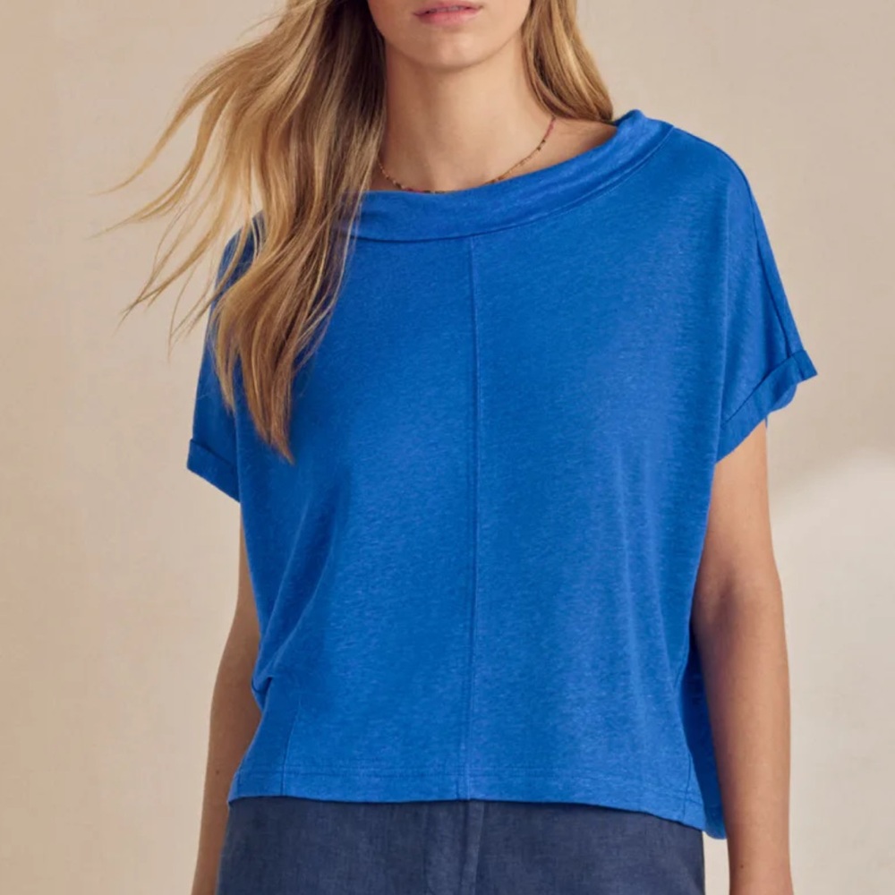 Poetry Linen Jersey Turned Over Neck Top Size 10 Women Coastal Bright Bluebell
